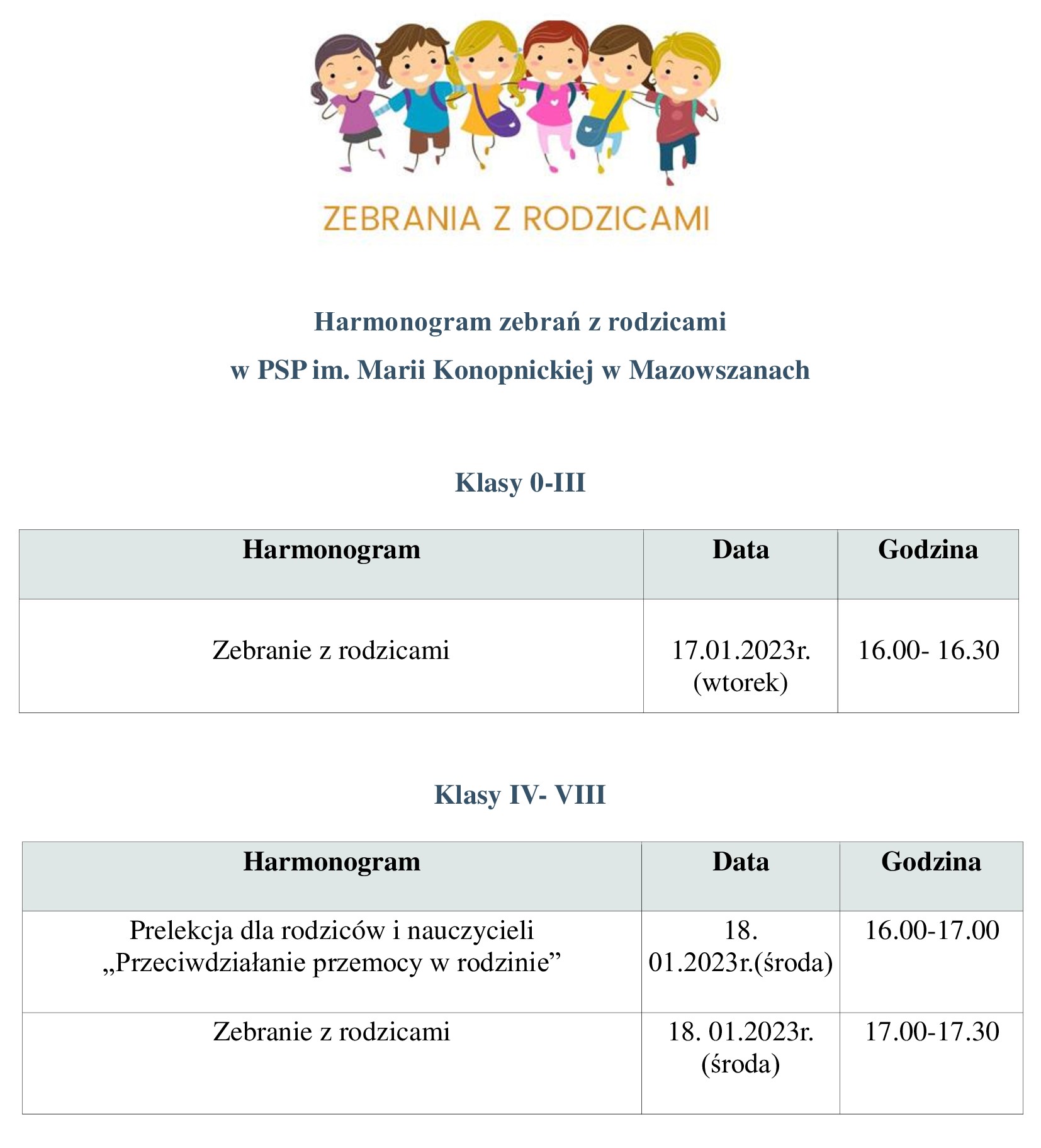 Harmonogram zebrań z rodzicami w PSP im Marii Konopnickiej w